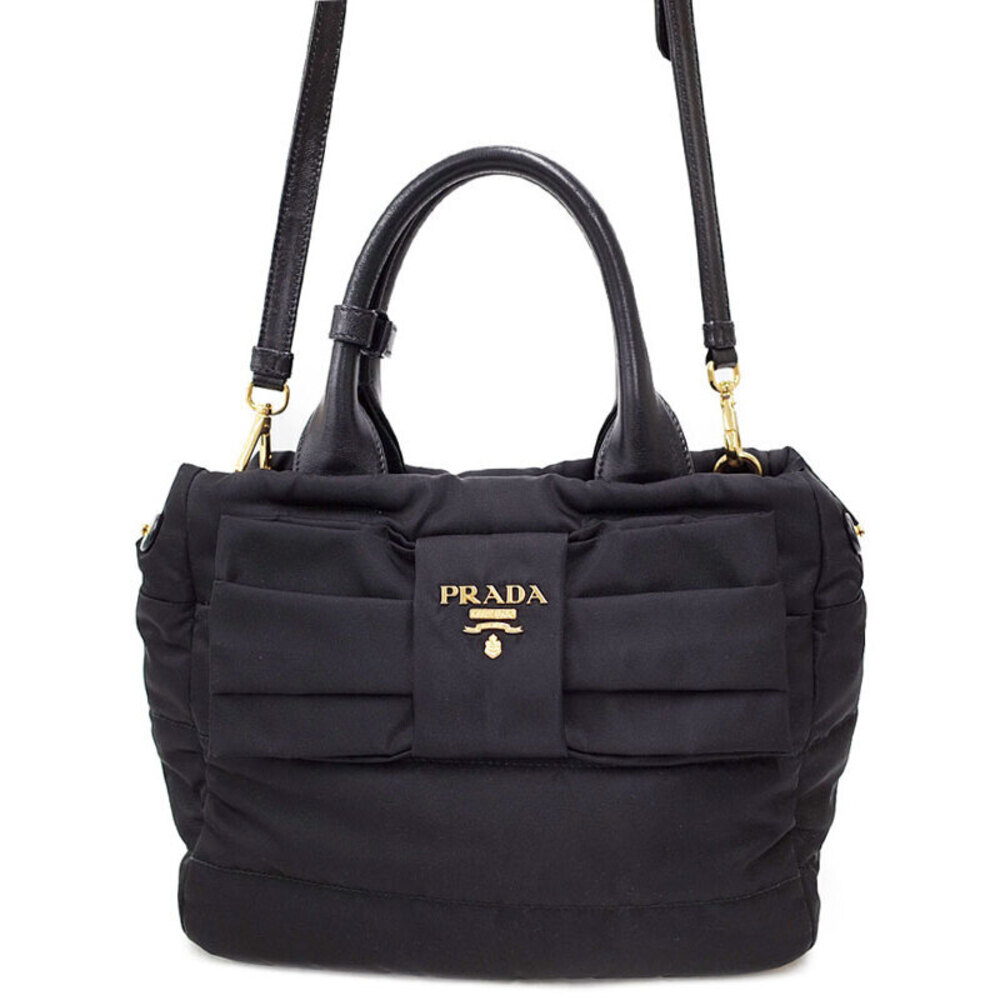 Prada Tessuto bow 2way handbag nylon leather Black